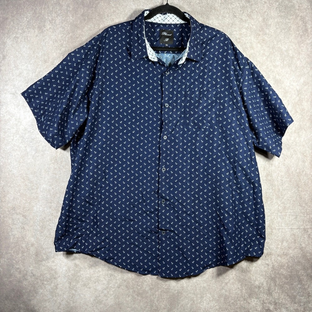 Planet B Shirt Mens 3XL Navy Blue Anchor Print Nautical Button Up Short Sleeve